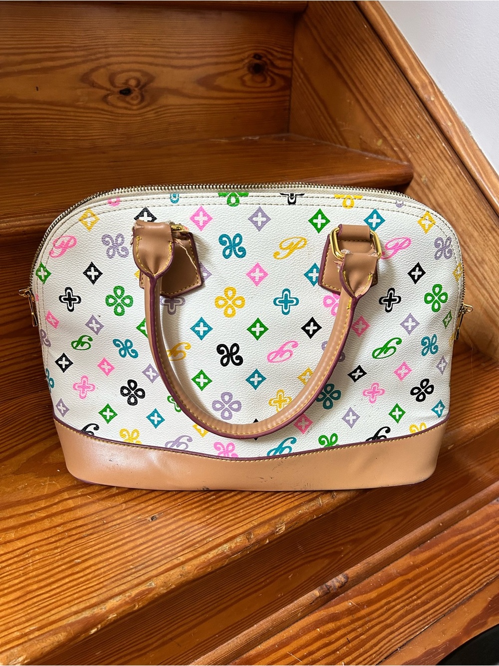 Luxury-Inspired White Multicolor Logo Dome Satchel